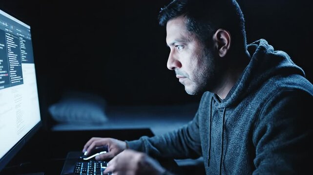 Man working on computer in dark room