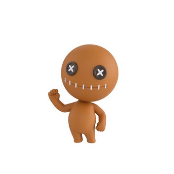 Cute 3D render Doll character raising one fist to show confidence, success, and happiness, isolated on white background.