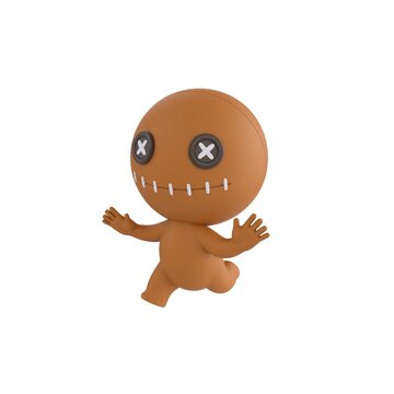 Cute 3D render Doll character running away in fear, scared and panicking, isolated on white background.
