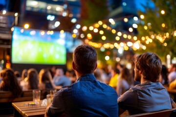 Fototapeta premium Outdoor Soccer Watch Party at Night with Friends in Urban Setting