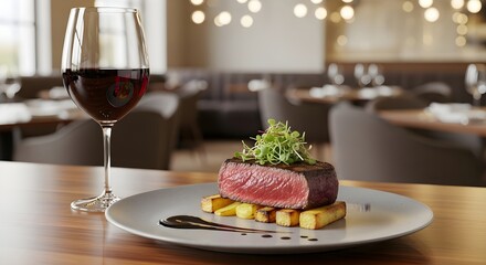 Elegant Still Life Red Wine Complemented by Tenderloin Steak in Fine Dining Setting
