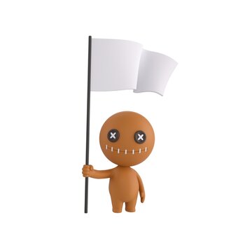 Cute 3D render Doll character standing and holding a white flag, neutral and symbolic pose, isolated on white background.