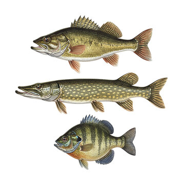 Detailed realistic illustration of three different common freshwater fish species bass pike sunfish