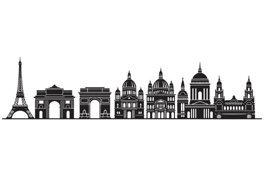 A black and white illustration of famous Parisian landmarks on a white background