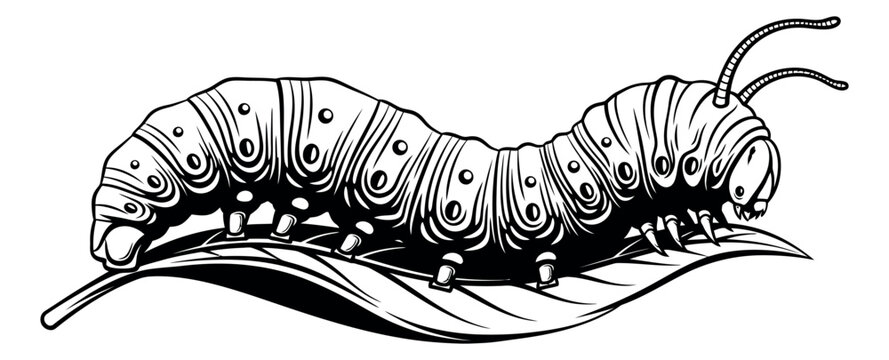 Hand drawn line art illustration of a caterpillar depicting an insect on a leaf for nature and wildlife themes