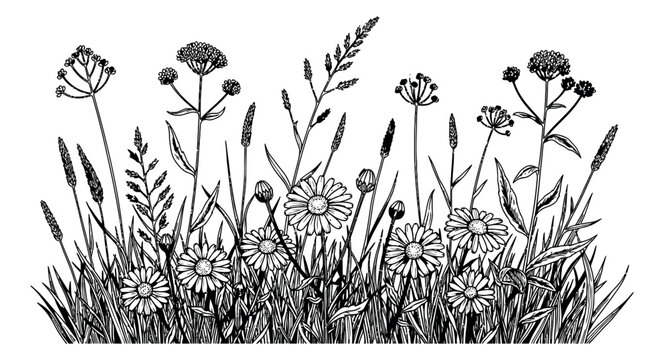 Hand drawn line art wild flowers and grass set featuring daisies and various meadow plants for natural designs