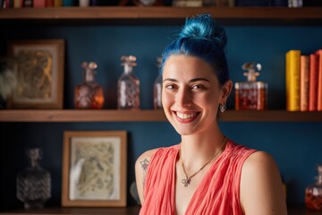 Young woman with vibrant blue hair smiles warmly in front of a darkly colored wall with wooden shelving