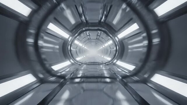 Futuristic spaceship corridor with bright lights and metallic surfaces.