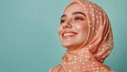 Young woman wearing a patterned head covering expresses radiant joy against a solid background