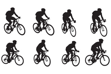 Fototapeta premium A black silhouette of a cyclist riding a bicycle in various positions on a white background
