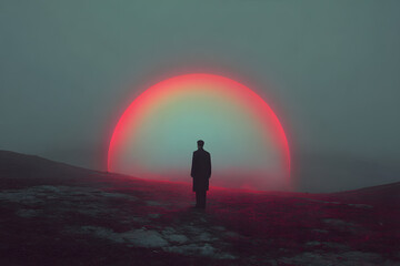 Fototapeta premium Person stands on a hillside watching a large red sun rise above the foggy landscape at dawn