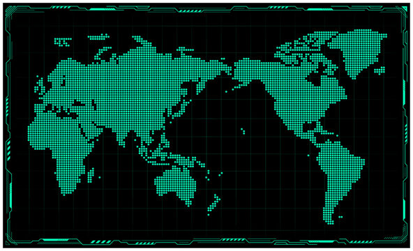 ドットのサイバー世界地図フレーム付きベクター背景｜Cyber World Map with Dots and Futuristic Frame Vector
