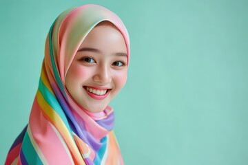 Young female portrait wearing colorful headscarf against solid background
