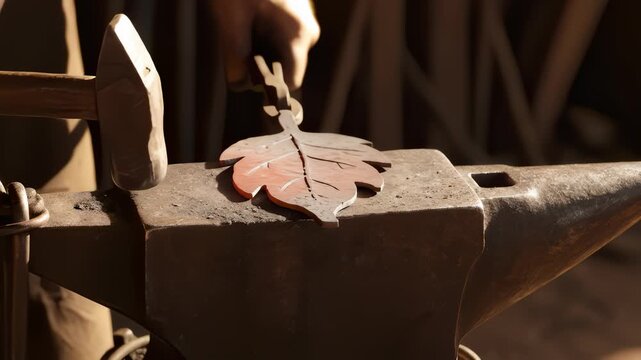 Blacksmith Forges a Decorative Leaf With Hammer and Anvil in Workshop
