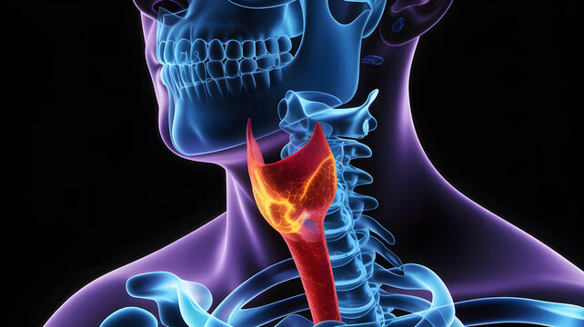 Human neck anatomy with highlighted larynx and trachea