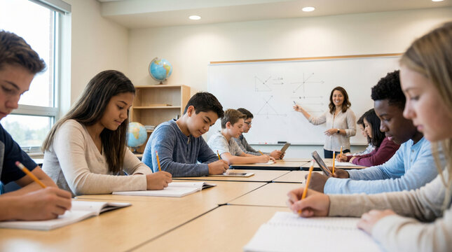 Diverse teenage students sit at desks writing in notebooks while a female teacher explains a graph on a whiteboard in a bright modern classroom, concept of education and learning.