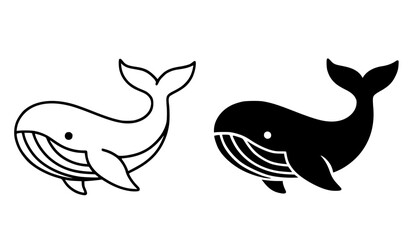 Naklejka premium Whale illustration icon, black and white in outline and silhouette style