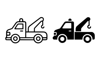 Naklejka premium Industrial icon, tow truck illustration, black and white in outline and silhouette style