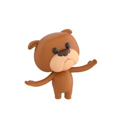 Fototapeta premium Cute 3D render Bulldog character thinking and comparing options with both hands open, thoughtful and curious mascot style, isolated on white background.