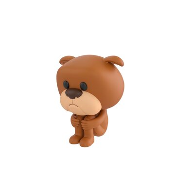 Cute 3D render Bulldog character sitting on the floor hugging knees. Isolated on a clean white background.