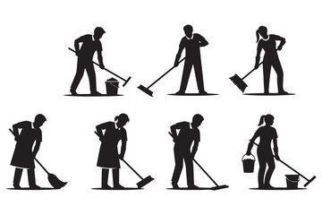 Silhouettes of people cleaning with brooms and buckets on a white background