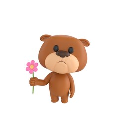 Obraz premium Cute 3D render Bulldog character standing and holding a flower, gentle and charming pose, isolated on white background.