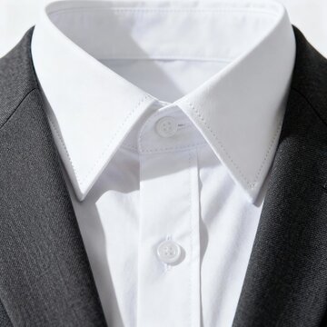 Close-up of a white dress shirt collar under a dark suit jacket