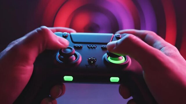 Hands holding illuminated gaming controller
