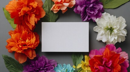 Obraz premium Top view of blank white card surrounded by vibrant multicolored paper flowers and lush green leaves on a textured grey background