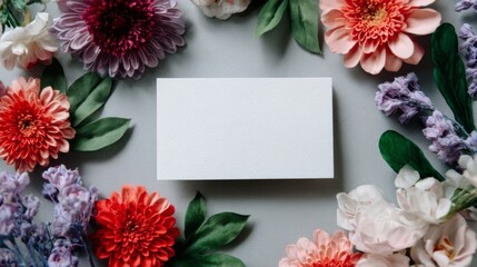 Obraz premium Top view of blank white card surrounded by vibrant multicolored paper flowers and lush green leaves on a textured grey background