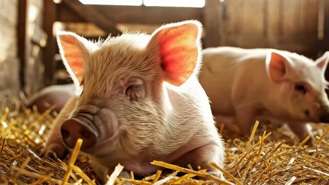 Piglet resting on hay in barn
