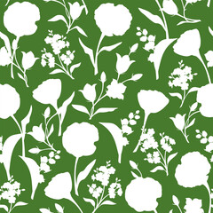 Seamless floral pattern with white flowers silhouettes on a green background. Vector floral print