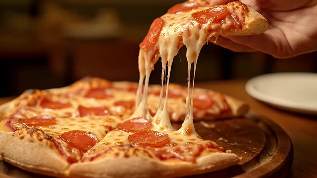 A hand pulling a hot slice of pepperoni pizza with stringy melted cheese.