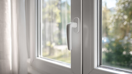 Obraz premium Close-up of a modern double-glazed window with a sleek white plastic handle, minimalist interior design, bright natural light, clean and functional aesthetic