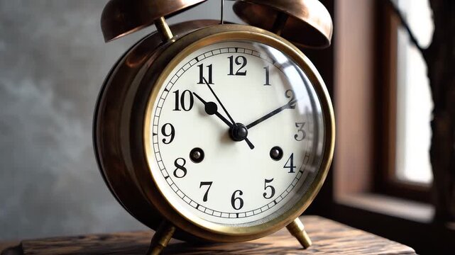 Vintage alarm clock on wooden block