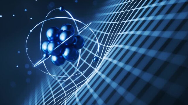 Abstract visualization of atom with electrons orbiting nucleus representing scientific concept of atomic structure and quantum physics