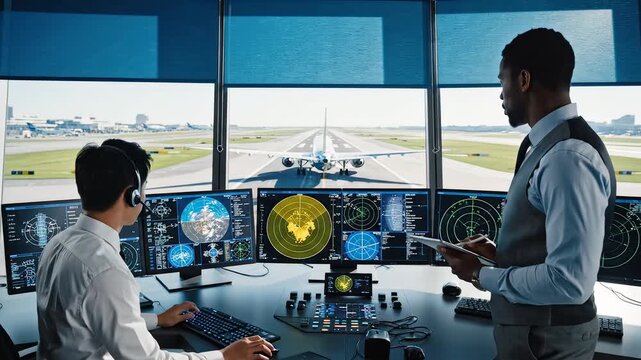 Air traffic controllers working in control tower