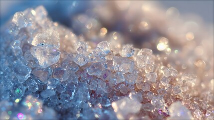 Magical macro sugar crystals with iridescent bokeh and sparkling light