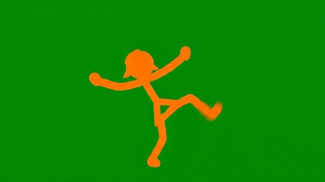 Dynamic Orange Stick Figure Animation on Solid Green Field