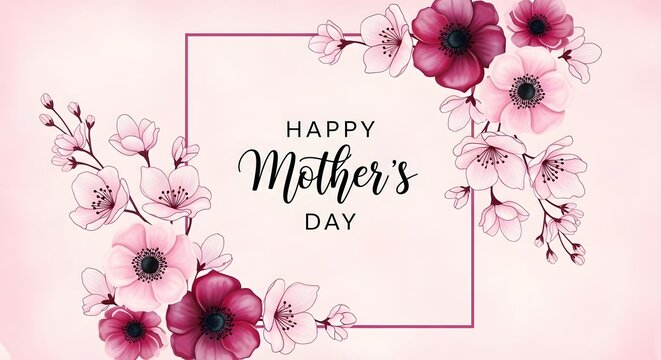 Elegant Happy Mother's Day greeting card with delicate pink and purple floral border on soft gradient background.