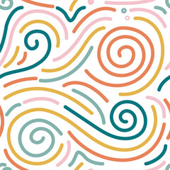 Seamless Abstract Line Pattern with Colorful Hand Drawn Swirls, Modern Organic Doodle Background, Minimal Vector Design