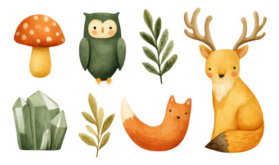 Fototapeta premium Whimsical Forest Creatures Watercolor Illustrations with Isolated Transparent Background