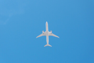 真下から見上げる飛行機と青空