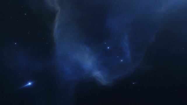 A mesmerizing view of a dark blue cosmic nebula with scattered bright stars and a luminous celestial object.