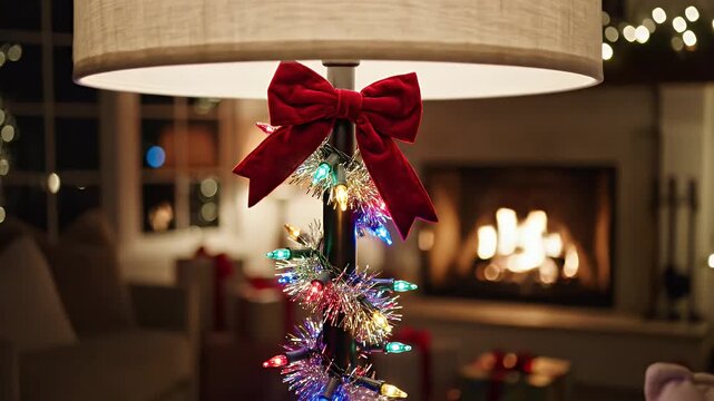 Festive Lamp Adorned with Christmas Lights and a Red Bow in a Cozy Room.