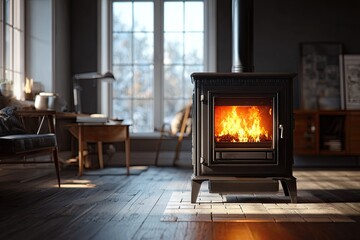 Cozy room with warm fireplace, desk, and large window