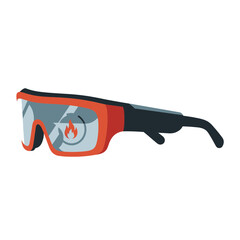 Safety goggles with a fire hazard warning symbol on the lens