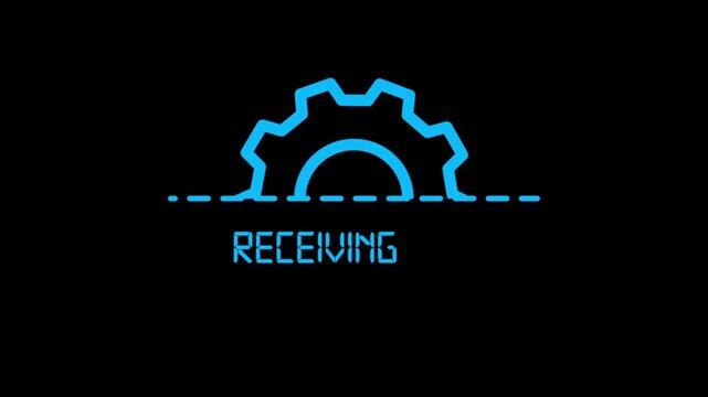 Receiving gear icon animation on black background, data reception progress indicator, technology network communication UI loop