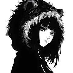 Fototapeta premium An anime-style girl in a dark gothic anime mood wearing a lion mane hood on her head with a calm and mysterious expression. The ink illustration style has a dark anime aesthetic and is inspired by ink