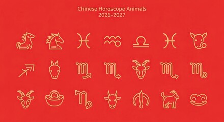 A collection of Chinese horoscope animal symbols displayed on a vibrant red background. Each symbol is delicately crafted in a golden hue. 